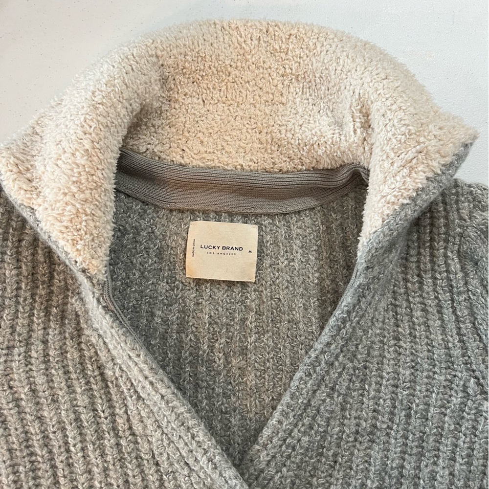 Lucky Brand Cable Knit Cardigan Sweater Wool Blend Chunky V-neck Pockets Gray M - Picture 8 of 16